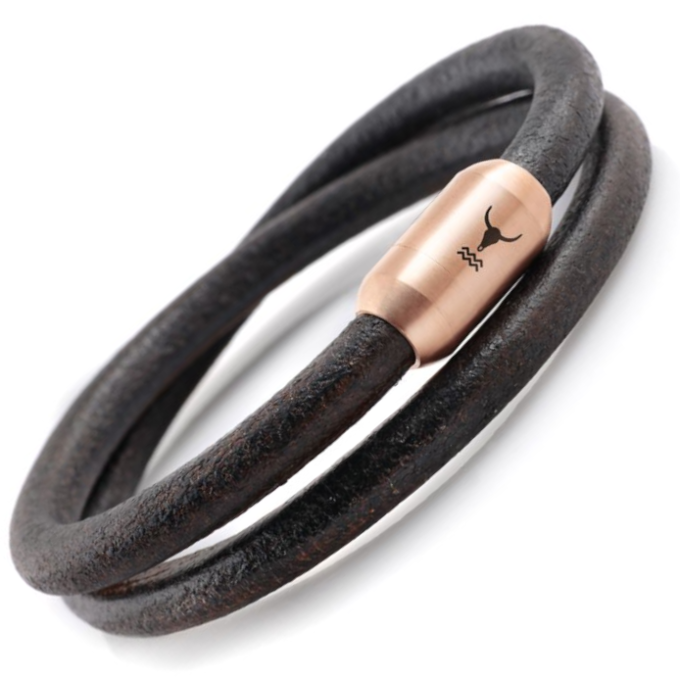 Damen Lederarmband ISARGOLD. ⌀ 6 mm, dunkel-braun, doppelt gewickelt. Damen Armband aus hochwertigem Rindsleder, mit starkem rosé-goldenem Magnetverschluss aus Edelstahl und schwarzem Stierkopf-Logo.