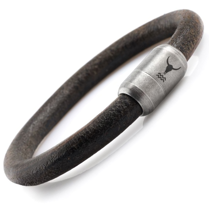 Herren Lederarmband DIGGER. ⌀ 9mm, dunkelbraun. Hochwertiges Armband aus Rindsleder. Starker Vintage-Magnetverschluss aus Edelstahl mit schwarzem Stierkopf-Logo.