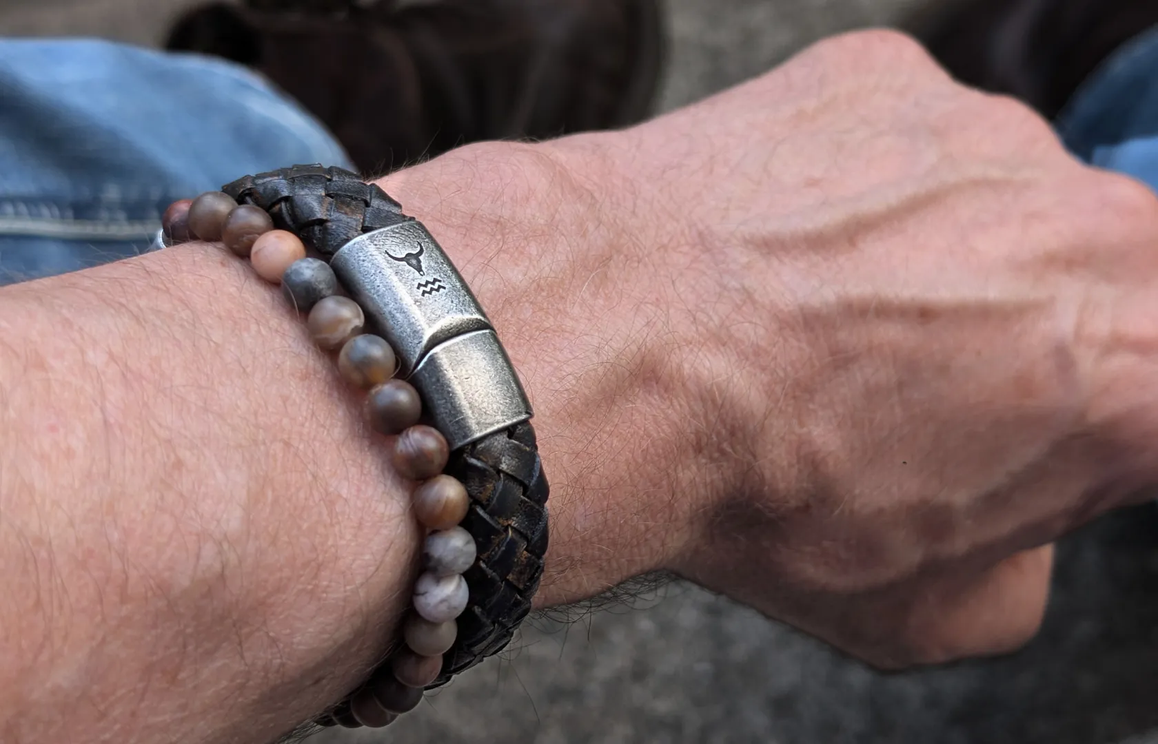 Shop the Look: Petrified Wood Bead Bracelet and RIDER Dark Brown Braided Leather